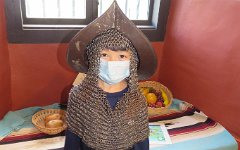 IMG_5211 Phelan in a Spanish Morion Helmet and Chainmail Coif, Goliad State Park