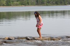 IMG_0031 Megan on rocks on the separating Lake Itasca from the Mississippi River, Lake Itasca State Park, MN