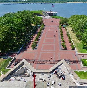 IMG_2282 Museum, flagpole plaza and main mall from top of satue of liberty Pedestal, Statue of Liberty, Liberty Island, NY